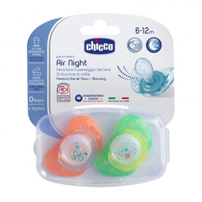 CHICCO Залъгалка Physio Air Night+ биберон светеща (6-16м.) (2бр.)