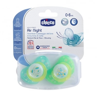 CHICCO Залъгалка Physio Air Night светеща+ биберон (0-6м.) (2бр.)