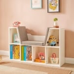  GINGER HOME Детска Етажерка 3 в 1 с библиотека и пейка, 6 отделения за съхранение на играчки и книжки